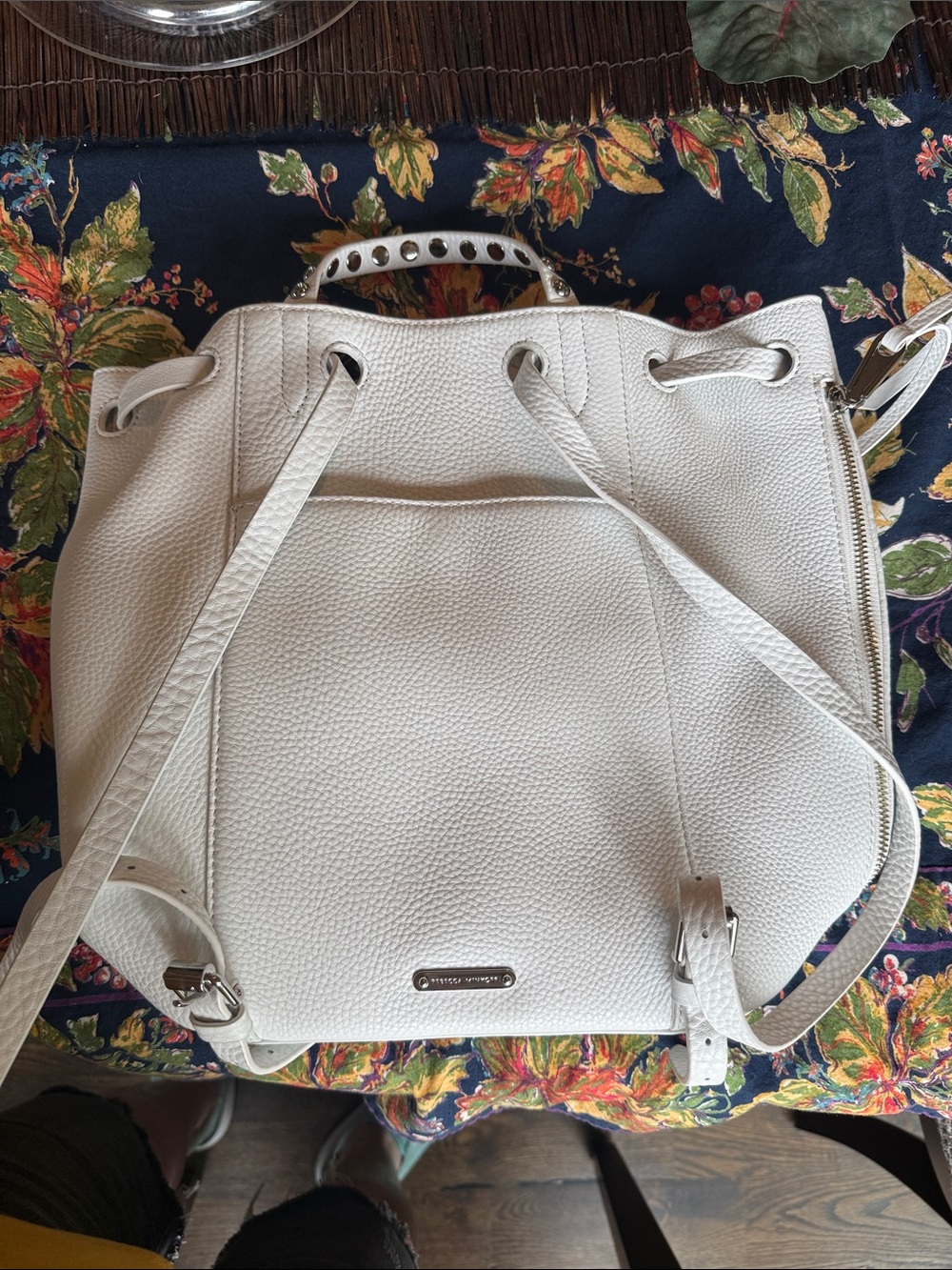 White Pebbled Leather Drawstring Bucket Backpack - Picture 8 of 10